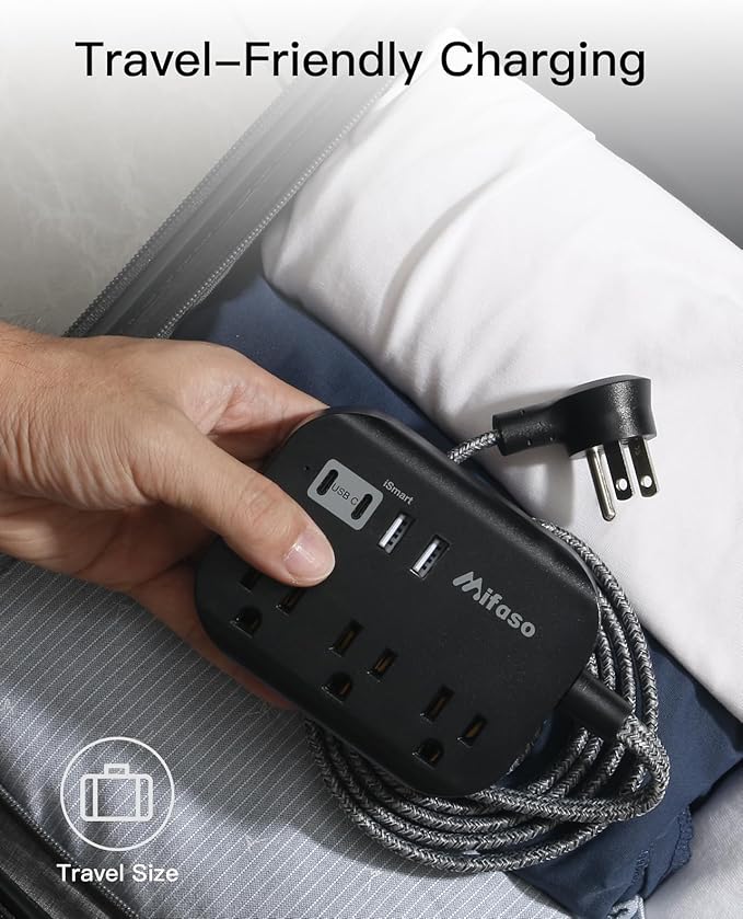Travel Essentials - 1Ft Power Strip with USB, Compact Flat Plug Extension Cord with 3 Outlets 4 USB Ports, Non Surge Cruise Must Haves, Cruise Ship Essentials, Dorm Room, Apartment Essentials