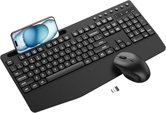 Wireless Keyboard and Mouse Combo with Palm Rest, Phone Holder, Full-Size Quiet Wireless Ergonomic Keyboard and Mouse, Comfortable Natural Typing Compatible for Windows, Laptop, Mac, PC