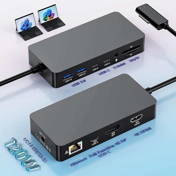 MS Surface Dock Triple Displays 4K@60Hz HDMI+ USB C + DP with 120W Power Adapter,Surface Pro Docking Station for Microsoft Surface Pro 12/11/10/9/8/7,Surface Laptop7/6/5/4/Surface Go