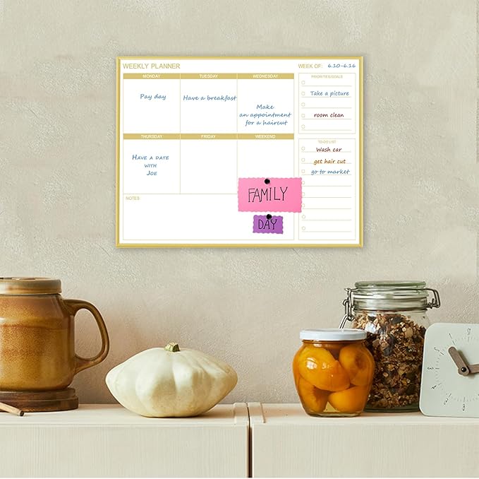 Dry Erase White Board Weekly Calendar Board, Magnetic Whiteboard for Wall, Gold Aluminum Frame Message Board, Horizontal, 17“x13“, Planner Board for Office, Home, Schooll(Weekly-BB-Gold-3343-L)