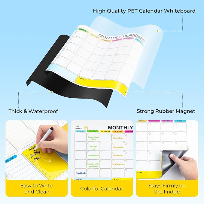4 Pack Dry Erase Calendar for Fridge, 16.5 x 12 Monthly & Weekly & Daily Chore Chart, Planning Whiteboard with 10 Markers and Eraser, Use for Refrigerator Wall Door- Shopping, Meal/Menu, to Do List