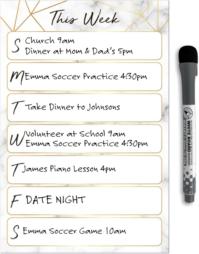 Dry Erase Weekly Calendar Planner Sticker Decal | Removable & Reusable | Magnetic Fine-Tip Marker Included (6 x 9 inches, Marble)