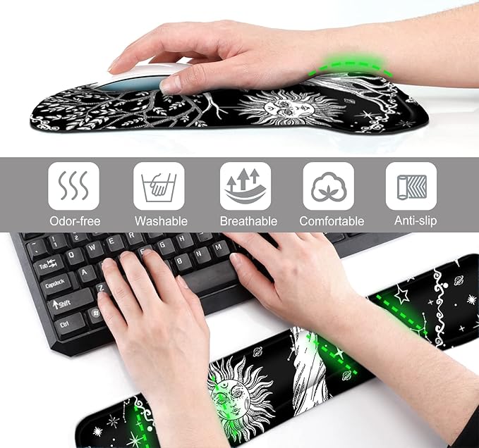 Keyboard Wrist Rest Mouse Pad Support, ToLuLu Gel Ergonomic Mouse Pads for Computer Laptop PC, Comfortable Durable Mousepad Keyboard Wrist Rests for Easy Typing Pain Relief, Moon & Sun