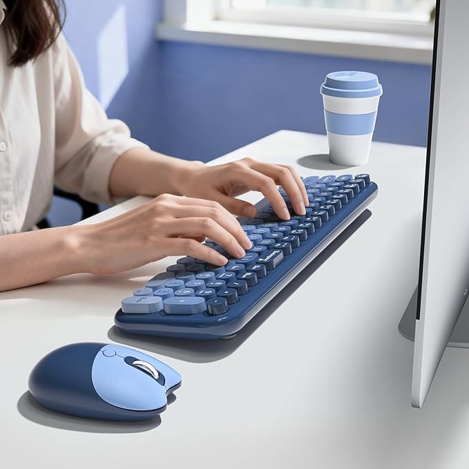 MOFII Wireless Keyboard and Mouse Combo, Compact Typewriter Retro Round Computer Keyboard and Mouse Set, Plug and Play, for Windows, Computer, Desktop, PC, Notebook - (Sea Blue Gradient)
