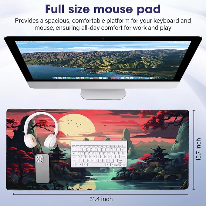 Full Desk Mouse Pad with Stitched Edges, 31.4” x 15.6” Waterproof Surface & Non-Slip Rubber Base – Ideal for Gaming, Office and Home