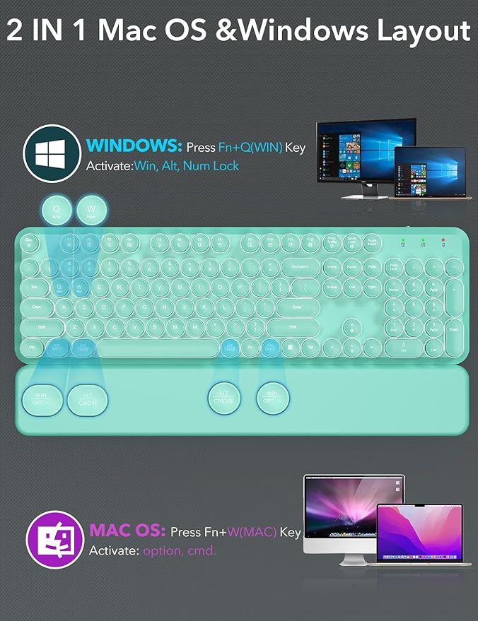 Wireless Keyboard and Mouse Backlit - Typewriter Keyboard with Magnetic Wrist Rest, Retro Round Keycaps, Light Up Letters, 2.4GHz Cordless Combo for Mac, Windows, PC, Laptop, Trueque