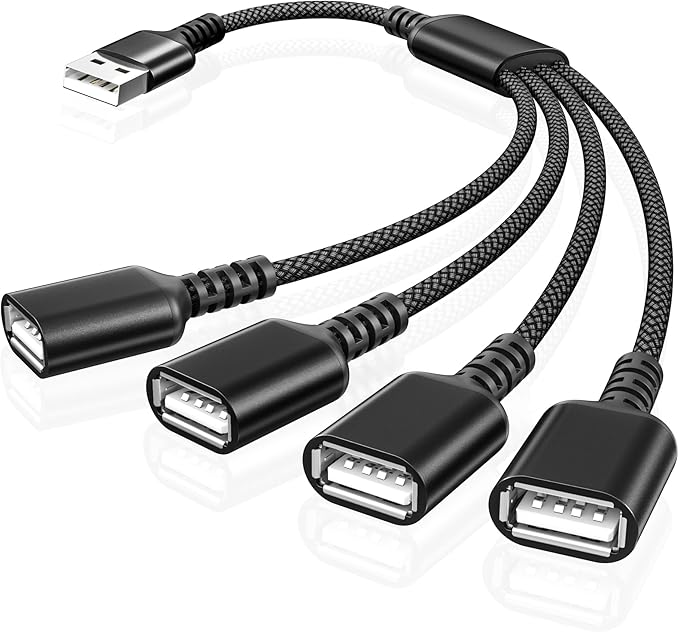 Basesailor USB Splitter 1 in 4 Out 1FT,USB Y Cable,USBA Male to Four Female Extension Cord Adapter,4 Port Multi Multiport Extender Hub,Double Dual Data Power Charger Split for Car,Xbox,PS4,PS5,Laptop