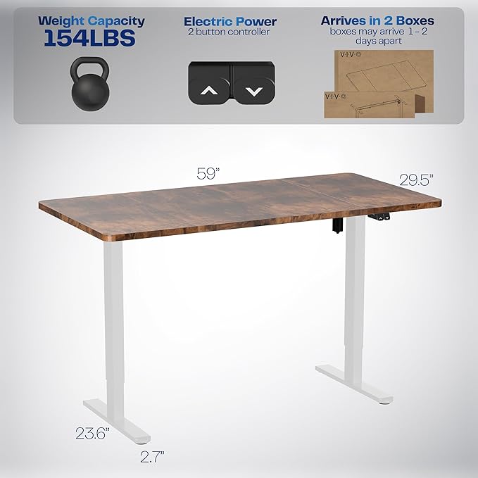 VIVO Electric 60 x 30 inch Stand Up Desk, Height Adjustable, Rustic Vintage Brown Top White Frame, Home and Office Furniture Sets, DESK-KIT-0W6N