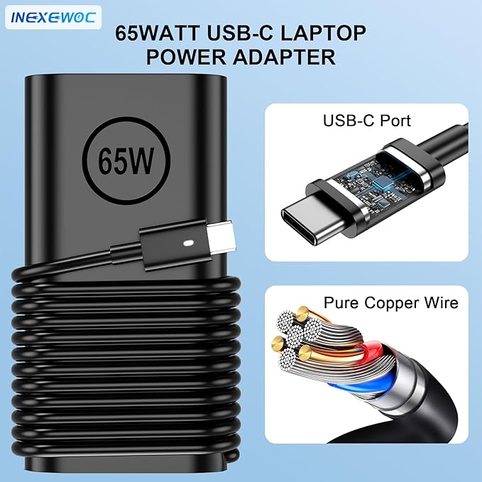 65W Watt USB Type C Laptop Charger Compatible with Dell Latitude 5420 5440 5520 5430 5450 5540 5550 7420 7440 7430 9250 XPS 12 13 9250 9350 9380 9370 9360 Chromebook 3100 Power Cord Adapter