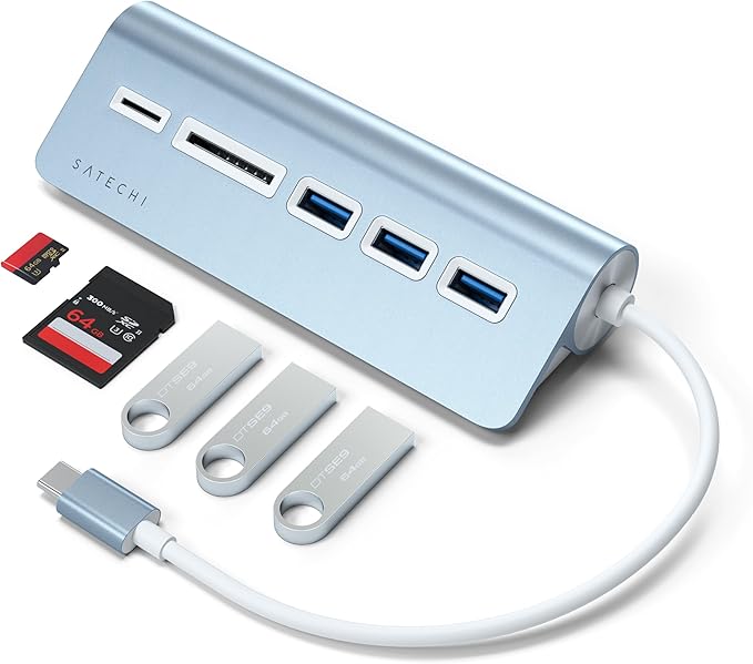 Satechi USB C Hub for Desktop, USB C Hub with 3 USB-A 3.0 Data Ports, Micro/SD Card Readers, USBC Hub for MacBook Air/Pro M5/M4, Dell, HP, Surface, Lenovo - Blue