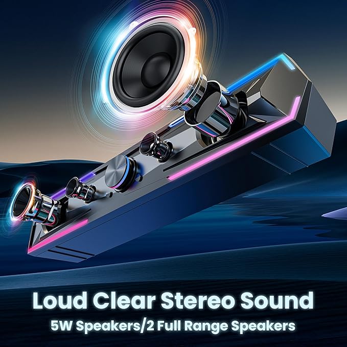 Computer Speakers PC Sound Bar with Stereo Sound, Flowing LED & Push-Button Control Computer Speaker for Desktop Laptop Monitor, USB Input Black