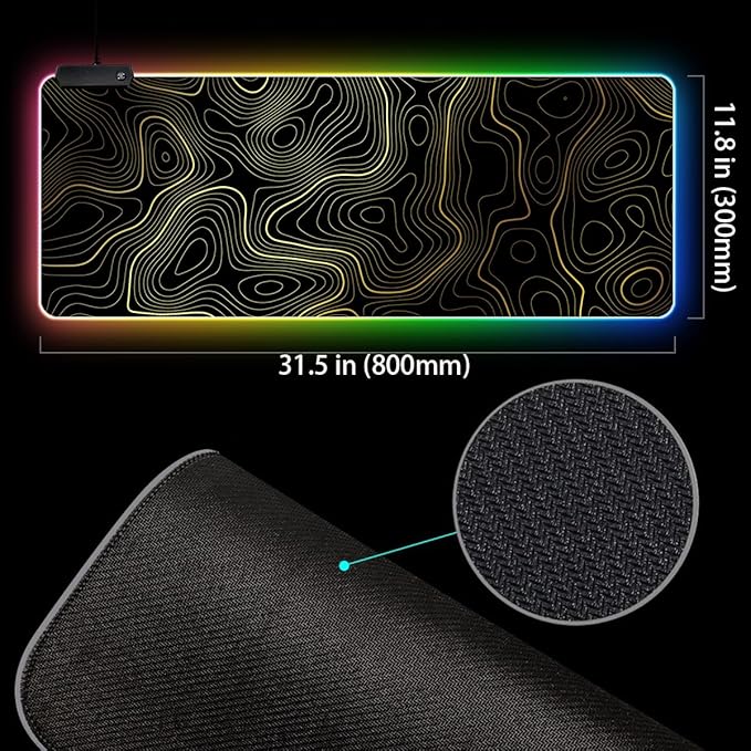 RGB Mouse Pad LED Desk Mat Large Gaming Mousepad Black and Gold Line Design, Keyboard Pad XL Mouse Mat for Home and Office (Black with Gold Topographic Line)