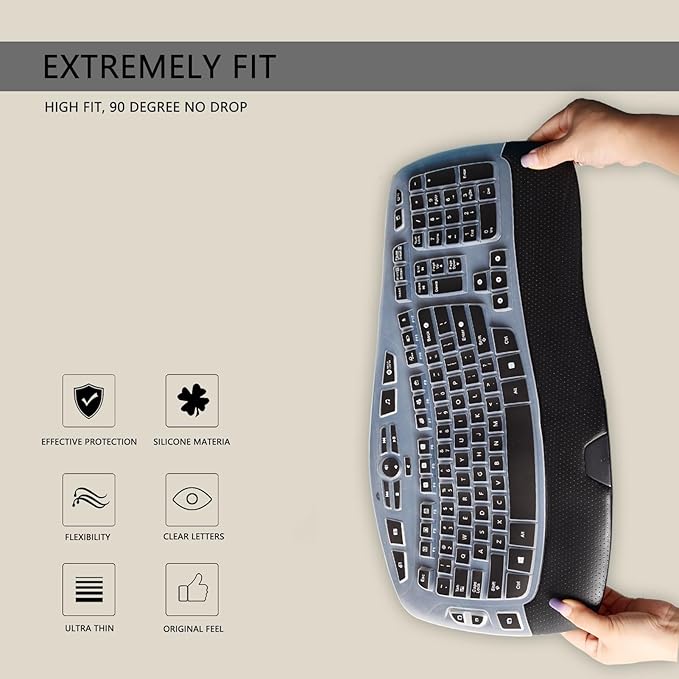Keyboard Cover for Logitech K350 MK550 MK570 Wireless Wave Keyboard,Utra-Thin Silicone Keyboard Protector Skin for Logitech K350 MK550 MK570 Ergonomic Keyboard Protective Accessories(Black)