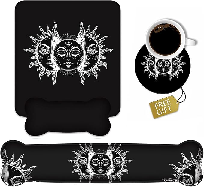 Keyboard Wrist Rest & Mouse Pad Wrist Support Set, Moon and Sun with Many Fractal Faces Celestial Energy Mystic Art Non-Slip Rubber PU Base for Home Office Working Studying Easy Typing & Pain Relief