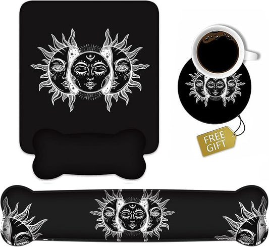 Keyboard Wrist Rest & Mouse Pad Wrist Support Set, Moon and Sun with Many Fractal Faces Celestial Energy Mystic Art Non-Slip Rubber PU Base for Home Office Working Studying Easy Typing & Pain Relief