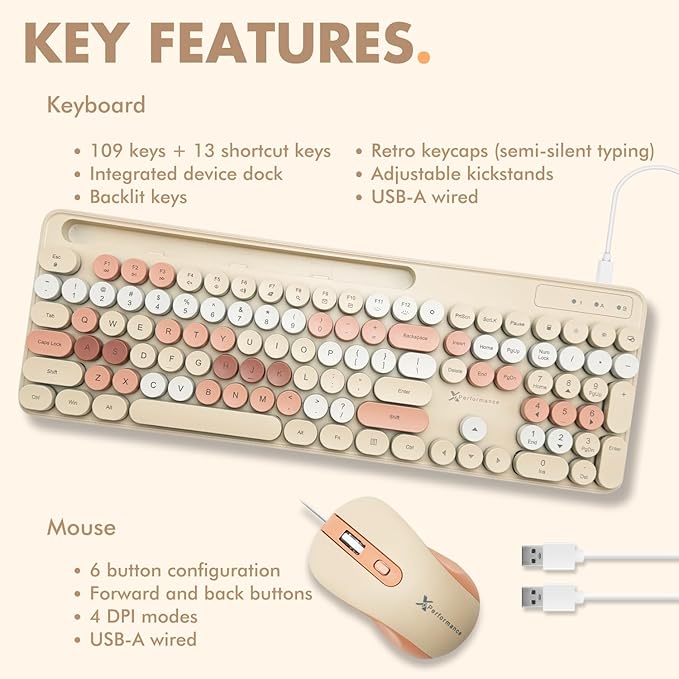 X9 Wireless Keyboard and Mouse Combo with Phone/Tablet Holder - Full-Sized 109 Keys Pastel Keyboard and Adjustable DPI, Backlit Keyboard and Mouse for PC, Windows, MAC, Desktop, Laptop - Brown