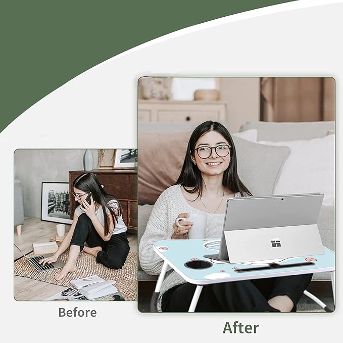 Kawaii Laptop Desk Foldable Kawaii Bed Desk Table Cute Folding Breakfast Tray Portable Lap Standing Desk Notebook Stand Reading Holder for Bed/Couch/Sofa/Floor (Blue)