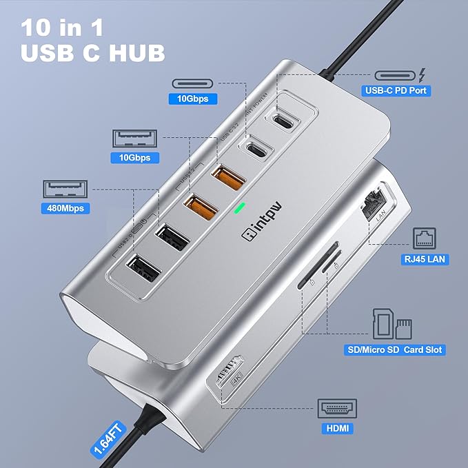 P9R PRO USB C Hub Ethernet, 10 in 1 USB Docking Station 10Gbps with 4K@60Hz HDMI, USB C and 2 USB A 3.2, LAN, 2 USB A 2.0, PD 100W, SD/TF Ports, USB to Ethernet Adapter for PC, iPhone 16/15, Mac