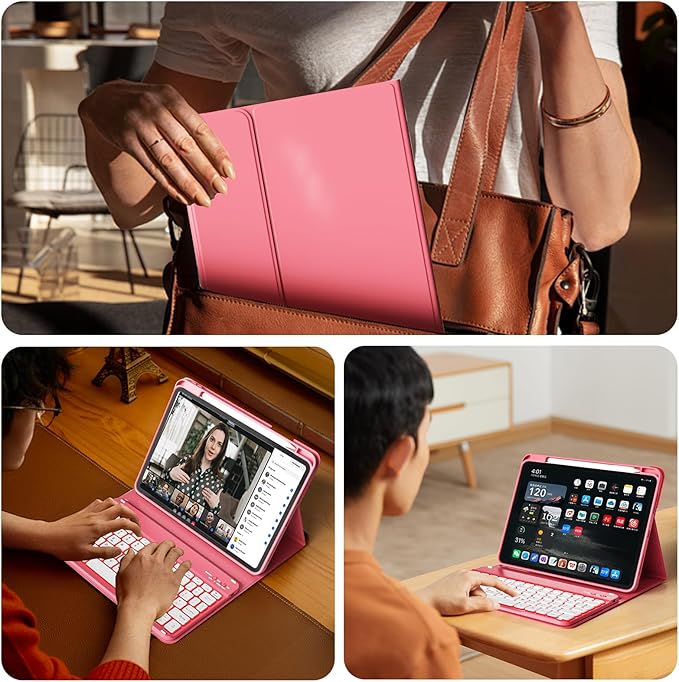 for iPad (A16) 11th Generation 2025 11-inch/10th Generation 2022 10.9 inch with Keyboard, 7 Colors Backlit Square Keycaps, Detachable Wireless Bluetooth Keyboard Case with Pencil Holder, Pink