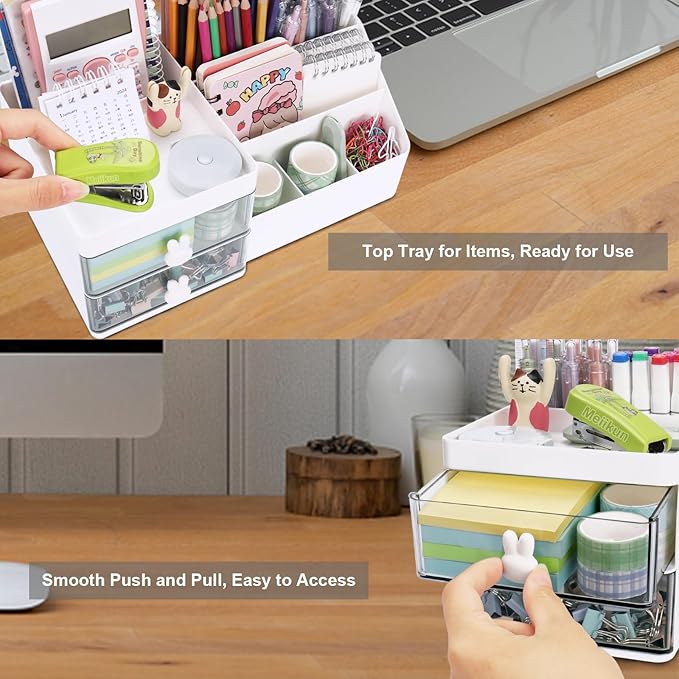Desk Organizer, Makeup Organizer with 2 Drawer, 7 Compartment & a Top Tray, Desktop Organizers and Storage for Women, Cute Home organization Bathroom, 11" x 5.7" x 4.7" (White)