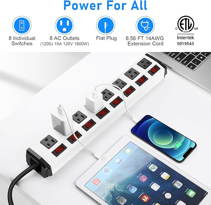 8 Outlet Metal Power Strip with Individual Switches,Heavy Duty Appliance Power Strip with Flat Plug,1200J Surge Protector,6FT Extension Cord 15A 120V 1800W for Home Office School Shop Industrial