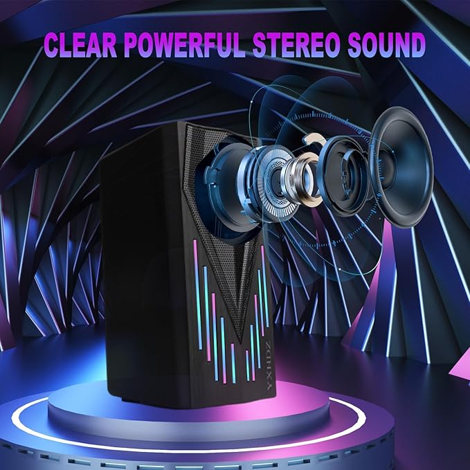 Black Wired Computer Speakers, USB Powered Gaming Speakers with Zero-Lag Audio, Dynamic RGB Lighting, 3.5mm Aux Cable for PC Desktop Monitor Laptop Tablet