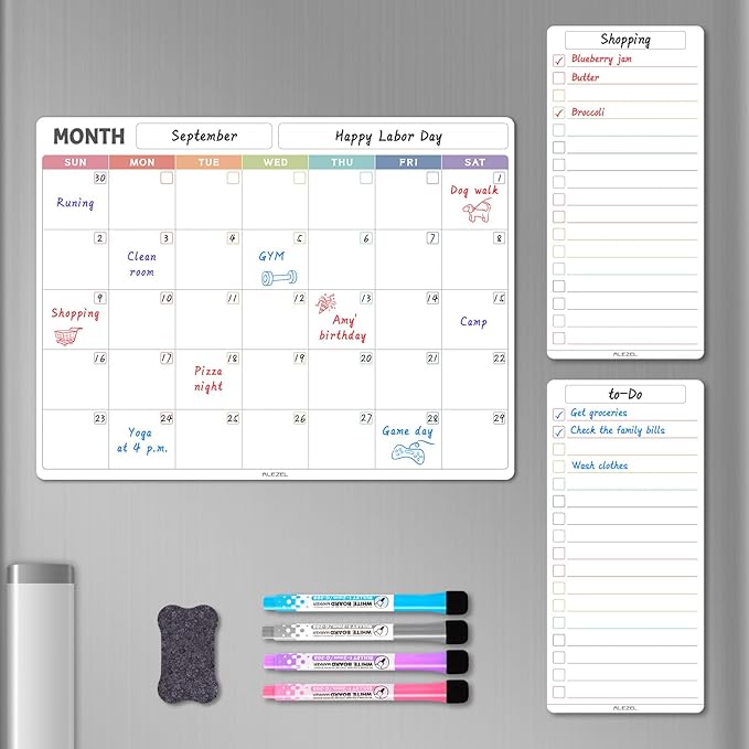 Magnetic Dry Erase Calendar for Fridge, Refrigerator Calendar Whiteboard Set - Monthly Planner with 2 List Boards, 4 Markers + Eraser, Colorful