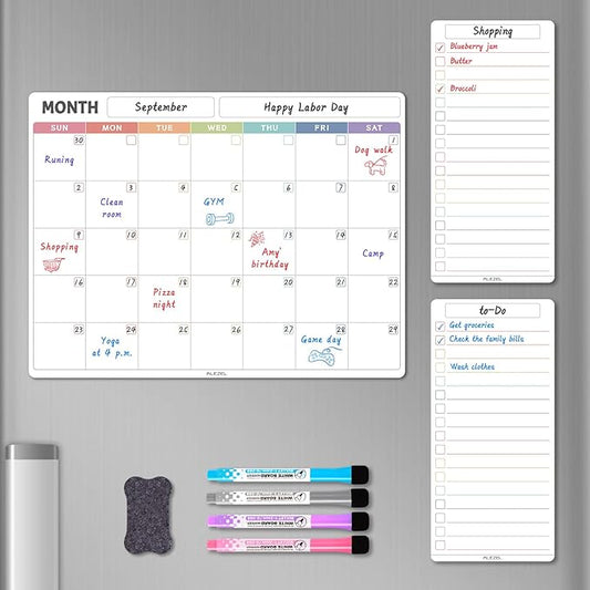 Magnetic Dry Erase Calendar for Fridge, Refrigerator Calendar Whiteboard Set - Monthly Planner with 2 List Boards, 4 Markers + Eraser, Colorful