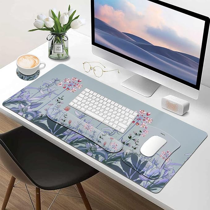 MEGREZ 4-in-1 Ergonomic Memory Foam Wrist Rest Set, Desk Pad, Mouse Pad with Wrist Rest, Keyboard Pad, Suitable for Office Workers, Programmers & Gamers–Relieve Typing & Gaming Fatigue, Blue Gray