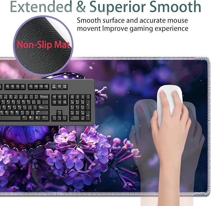 Large Gaming Mouse Pad + Keyboard Wrist Rest + Wrist Support + Coaster Set, Memory Foam Ergonomic for Easy Typing, XXL Extended Gaming Mouse Pad Table Pad - Purple Butterfly