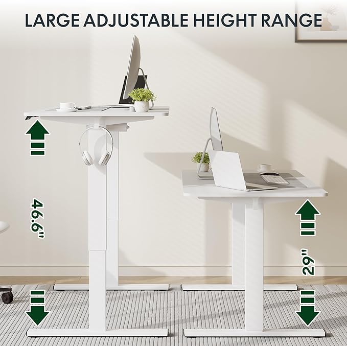 FLEXISPOT Standing Desk, 48" x 24" One-Piece Desktop, Height Adjustable Computer Desk for Home Office, White Frame & White Top (One Package)