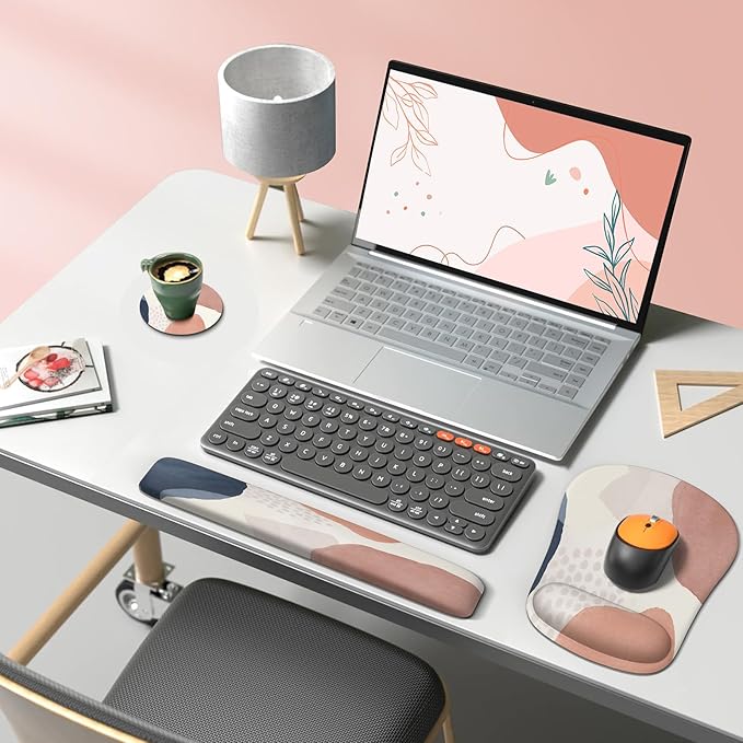 HAOCOO Mouse Pad with Wrist Rest, Keyboard Wrist Rest, Gel Wrist Rest for Computer Keyboard, Ergonomic Mousepad and Keyboard Wrist Rest, Gaming Mouse Pad Set for Office Home, Pink Boho