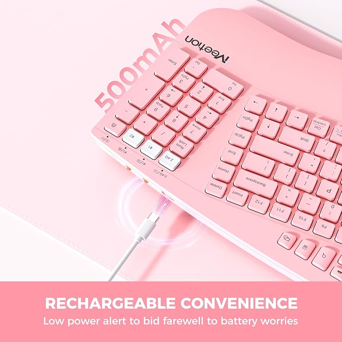 MEETION Ergonomic Keyboard Wireless, Multi-Device Bluetooth Keyboard, Full-Sized Rechargeable Split Computer Keyboards, Wrist Rest for Natural Typing, for Windows/Mac/Laptop/Table/PC, Pink