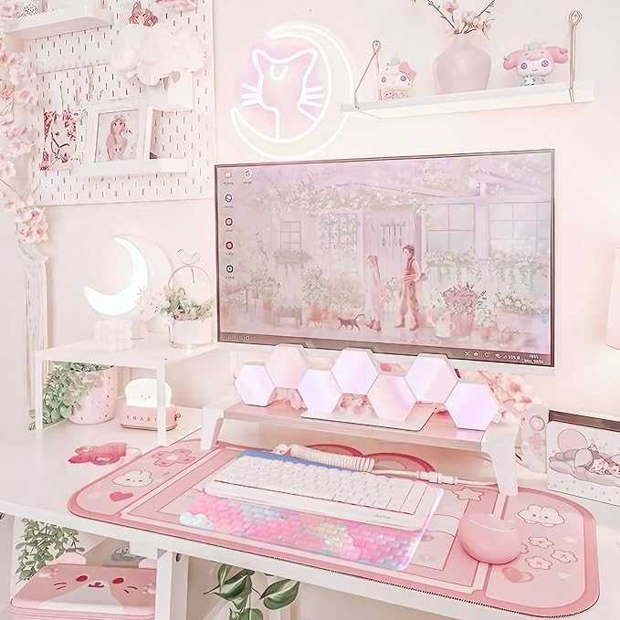 Computer Keyboard Stand Pad with Wrist Rest Pink Cloud Keyboard Pad Support with Comfortable Moon Galaxy Stars Wrist Pad Cute Girl Ergonomic Tilted Keyboard Riser Holder for Desktop Office Home