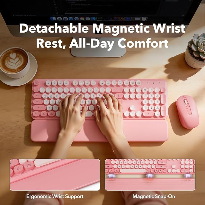 Wireless Keyboard and Mouse Combo with Detachable Magnetic Wrist Rest, Retro Typewriter-Style Keyboard, Round Keycaps, Adjustable Legs, 3-Level DPI Mouse, 2.4GHz for Windows PC/Laptop (Blush Pink)