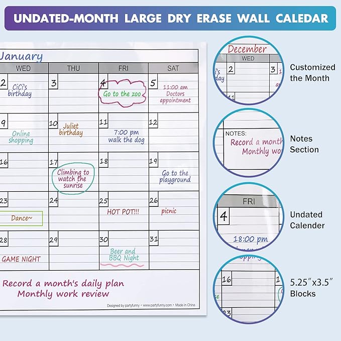 Dry Erase Monthly Extra Large White board Calendar for Wall, 25" by 38", Jumbo Laminated Erasable One Month Whiteboard Calendar, Huge Oversized Blank 30-Day Poster with Lines and Squares