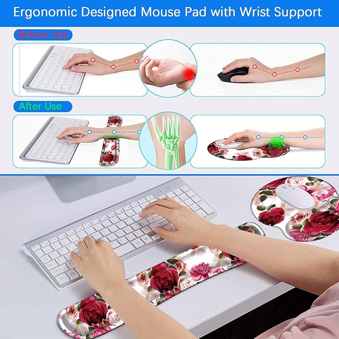 Mouse Pad Wrist Support and Keyboard Wrist Rest with Coaster,Non-Slip Rubber Base Ergonomic Gaming Mousepad for Home Office Working Studying Easy Typing & Pain Relief,Roses and Hyacinth Flowers