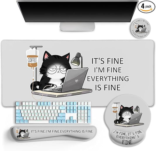 Cat Ergonomic Mouse Pad with Wrist Rest Desk Mat Sets Accessories, Cute Mouse Pads for Desk, Gaming Mouse Pad Wrist Support, Keyboard Mat Wrist Rest Cup Coaster Funny Office Desk Accessories