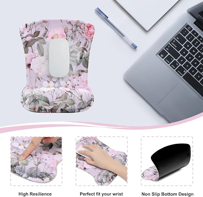 MEGREZ 4-in-1 Ergonomic Memory Foam Wrist Rest Set, Desk Pad, Mouse Pad with Wrist Rest, Keyboard Pad, Suitable for Office Workers, Programmers & Gamers–Relieve Typing & Gaming Fatigue, Pink Flowers