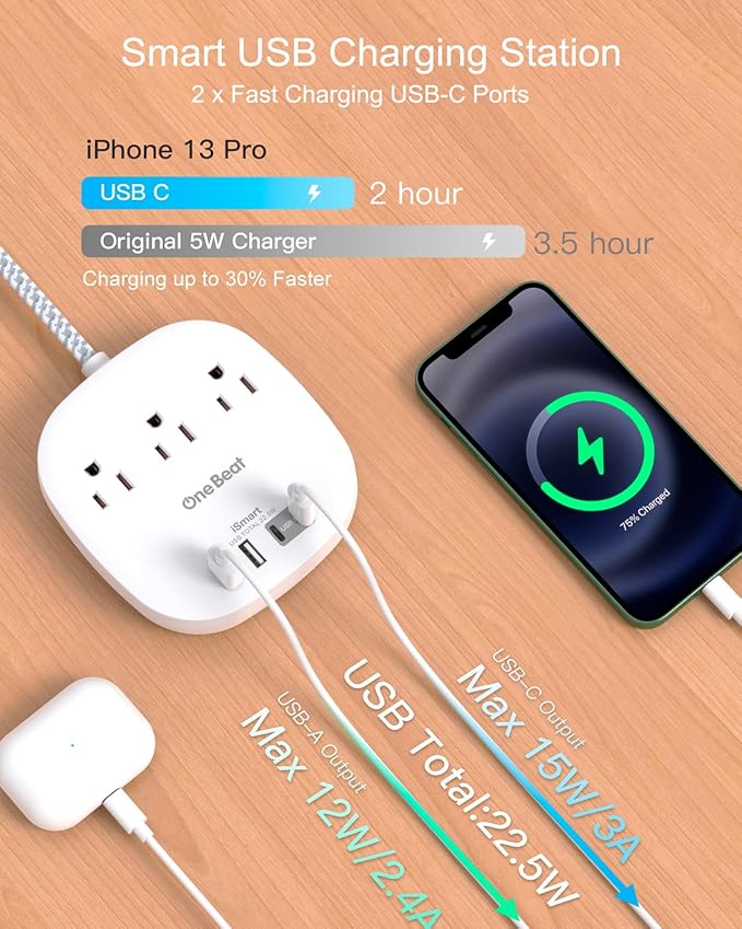 Flat Plug Power Strip, Flat Extension Cord 3 Ft - 3 Outlets 4 USB Ports (2 USB C) 22.5W/4.5A Desktop Charging Station, Power Strip No Surge Protection for Cruise Ship, Dorm Room Travel Essentials
