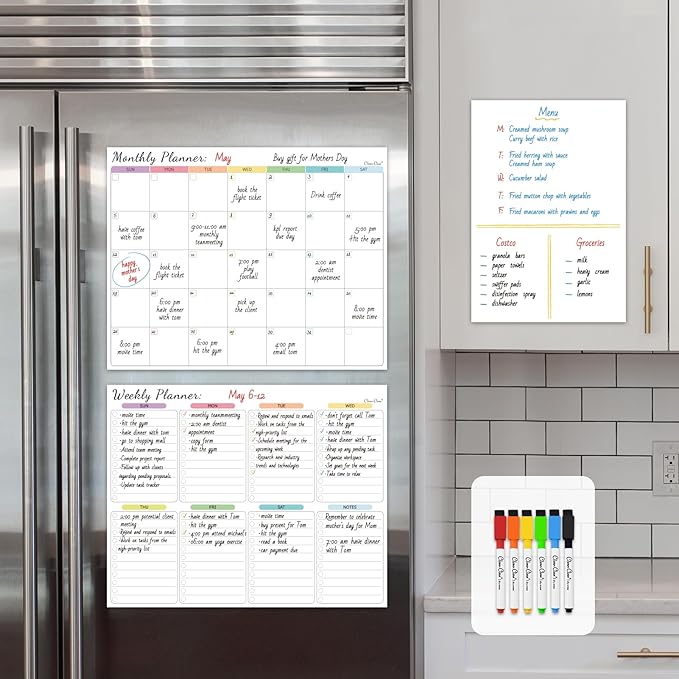 Non-Magnetic Dry Erase Calendar Set for Fridge - Reusable Monthly and Weekly Calendar Sticks to Most Smooth Surfaces - 6 Dry Erase Markers Included - Shipped Flat