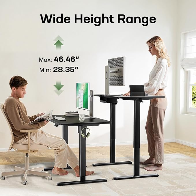 Marsail Standing Desk, Height Adjustable Desk with One-Piece Desktop, 48 x 24 inch Black Sit Stand Desk with 4 Memory Presets for Home Office & Computer Workstations (2 Packages)