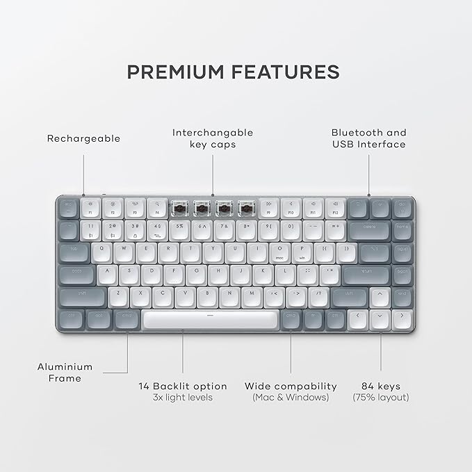 Satechi SM1 75% Mechanical Keyboard for Mac and Windows, LED Backlit Bluetooth Keyboard, 84 Keys Compact Wireless, Gaming, for Mac and Windows - Light Gray/White