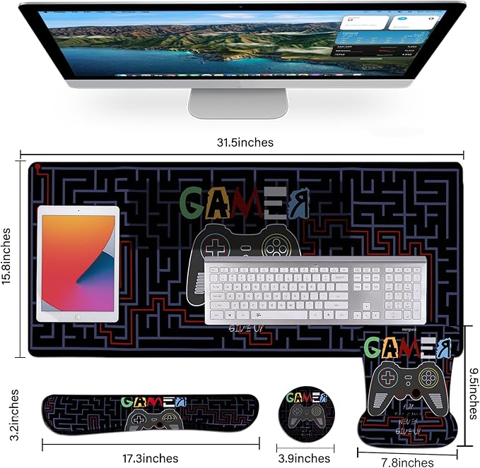 MEGREZ 4-in-1 Ergonomic Memory Foam Wrist Rest Set, Desk Pad, Mouse Pad with Wrist Rest, Keyboard Pad, Suitable for Office Workers, Programmers & Gamers–Relieve Typing & Gaming Fatigue, Black