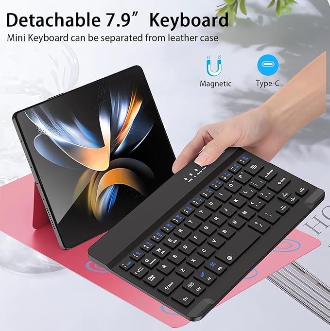 for Samsung Galaxy Z Fold 7 6 5 Keyboard and Mouse, Portable Mini Bluetooth Keyboard with Leather Case and Capacitive Pen, 4 in 1 Set for Z Trifold Fold7 Accessories