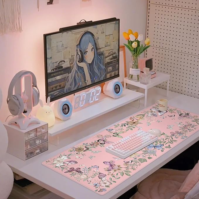 Baziabbo Pink Desk Mat,XXL Extended Big Mouse Pad,Cute Gaming Mousepad with Stitched Edge,Non-Slip Rubber Base Keyboard Desk Pad for Home Office Study Game