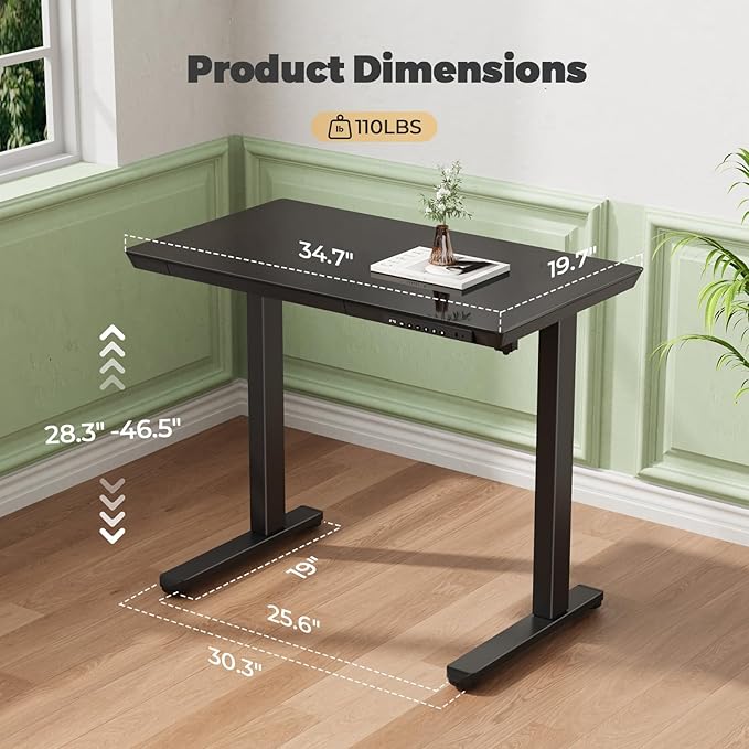 Glass Small Standing Desk with Drawer, 35" x 20" Whole Piece Tabletop Electric Sit Stand Table, Height Adjustable Workstation with Storage & USB Ports, Quick Install Home Office Desk
