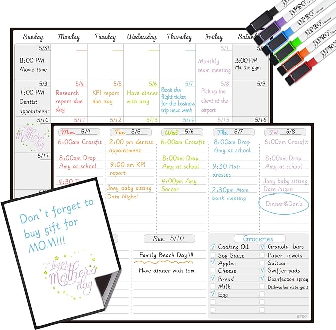 JJPRO Magnetic Dry Erase Monthly Calendar and Weekly Whiteboard for Fridge-Monthly Planner,Weekly Dry Erase Board for Refrigerators,One Bonus Notepad/to Do/Grocery List