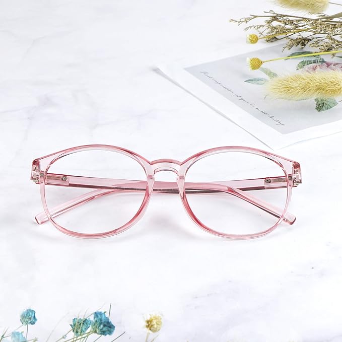LifeArt Round Blue Light Blocking Glasses, Computer Glasses, Gaming Glasses, TV Glasses for Women Men (Clear Pink, 0.25 Magnification)