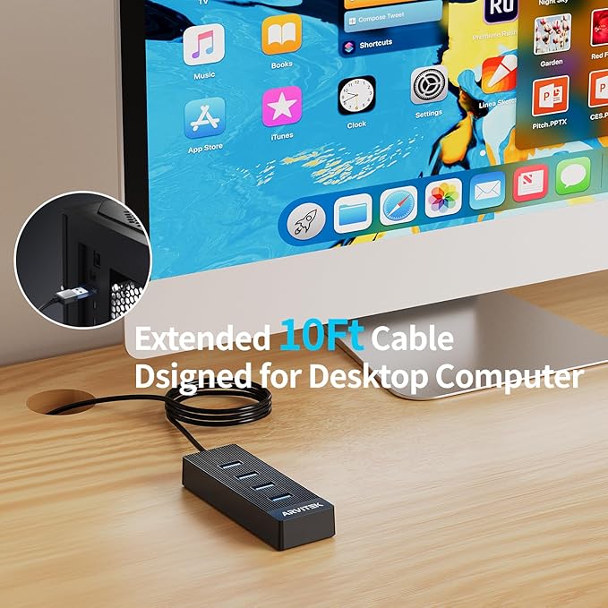 10Ft 4-Port USB 3.0 Hub for Desktop, USB Extender Hub 5Gbps, USB Multiport Adapter, USB Splitter w/Long Cable for Desktop, PC, Flash Drive, Mobile HDD (10Ft/3m)